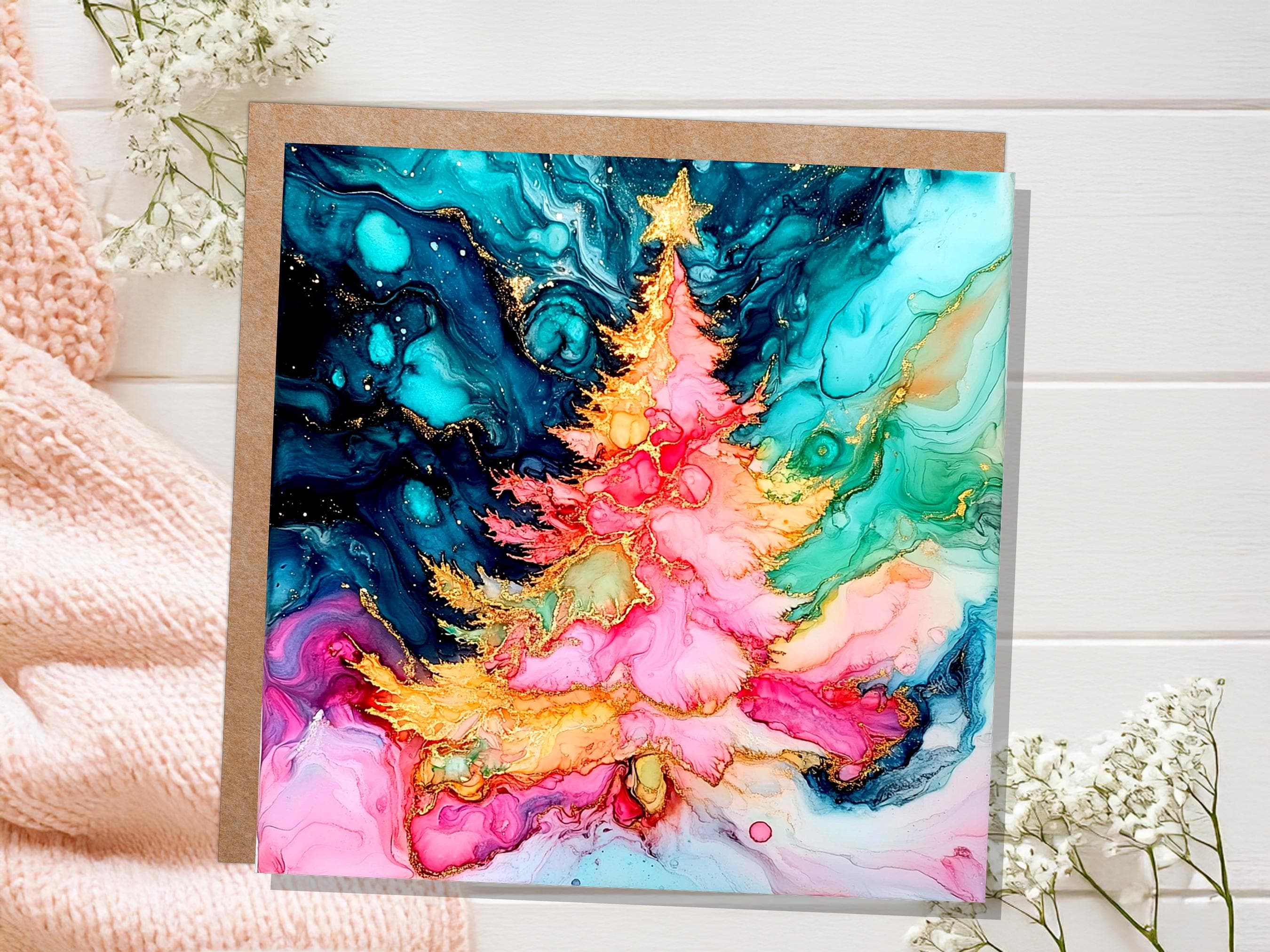 Abstract Christmas Tree Card Teal Pink Gold Alcohol Ink Fluid Art Print Luxury Alternative Holiday Greetings for Her Daughter Mum Artists - View 9