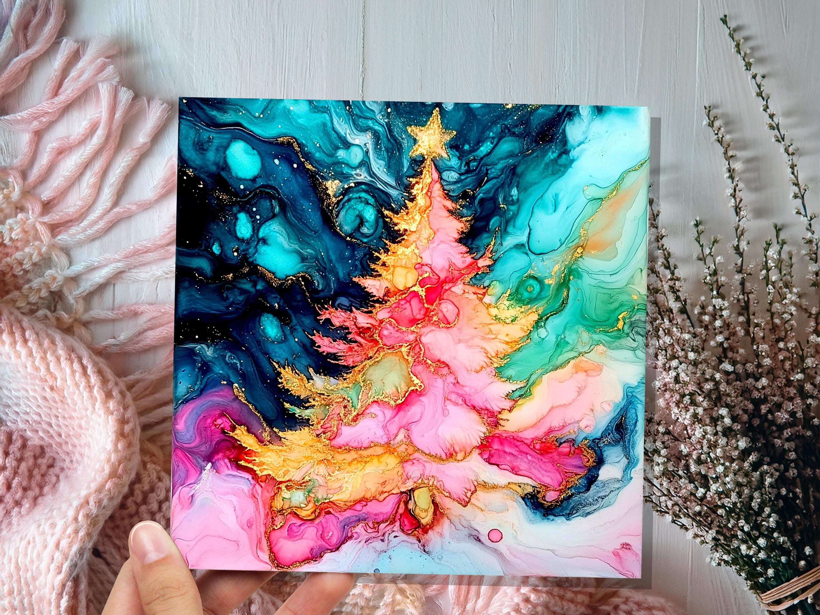 Abstract Christmas Tree Card Teal Pink Gold Alcohol Ink Fluid Art Print Luxury Alternative Holiday Greetings for Her Daughter Mum Artists - View 4