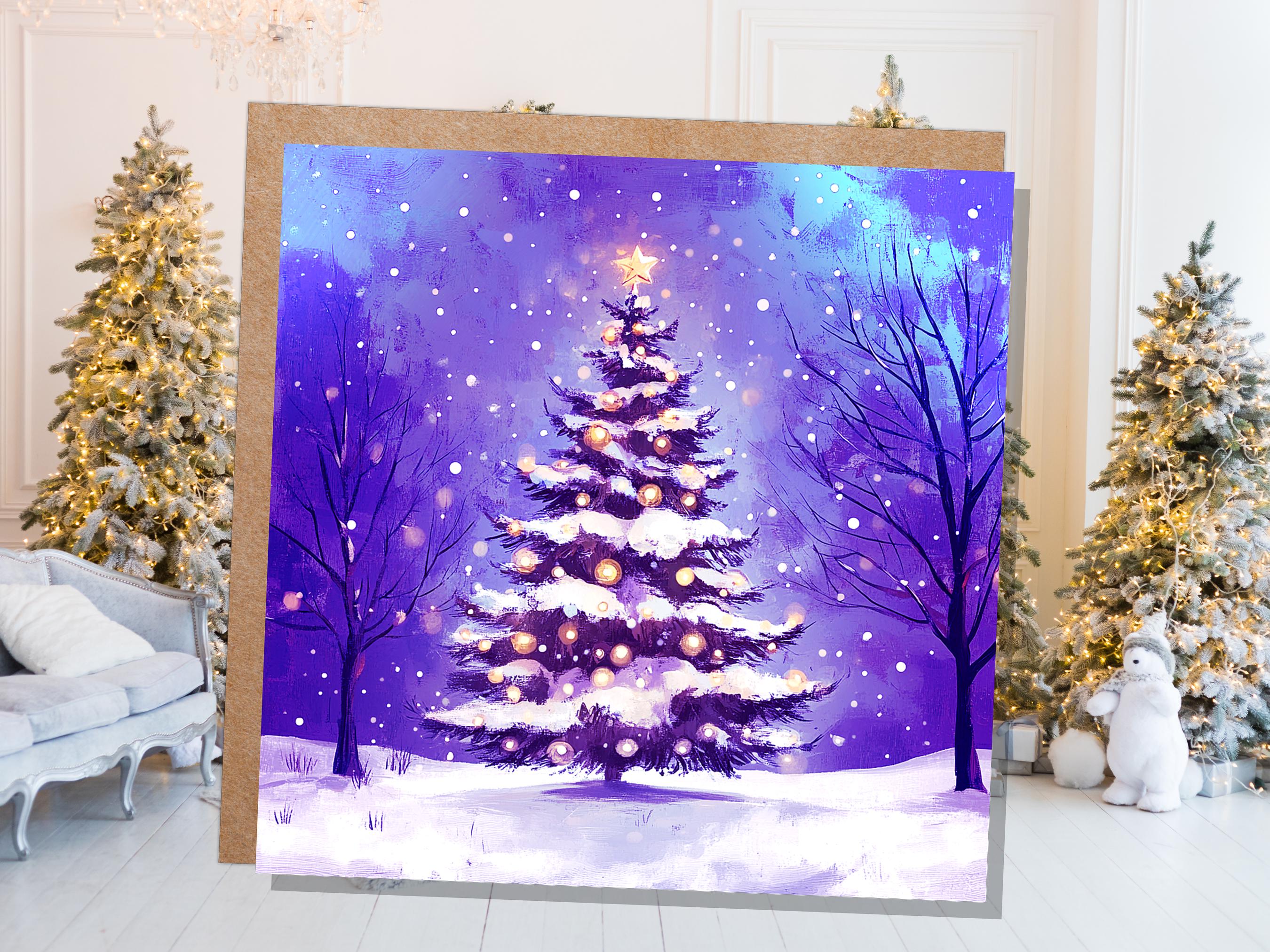 Purple Christmas Tree Card Peaceful Winter Holiday Snow Scene Magical Glowing Landscape Icy Night Unique Dreamy Fairy Lights Xmas Magic 2025 - View 9