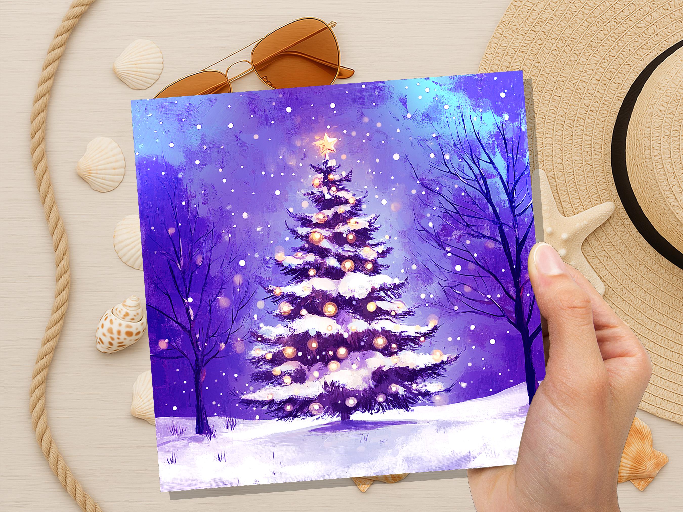 Purple Christmas Tree Card Peaceful Winter Holiday Snow Scene Magical Glowing Landscape Icy Night Unique Dreamy Fairy Lights Xmas Magic 2025 - View 3