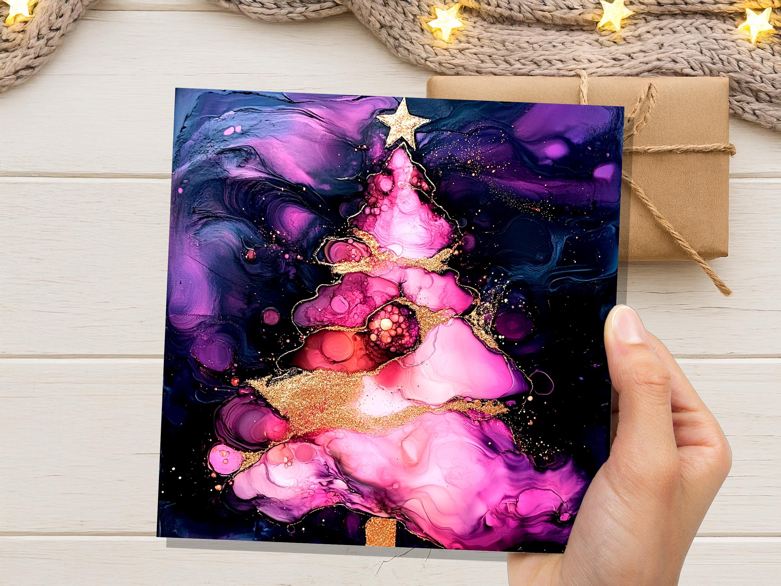 Alcohol Ink Christmas Tree Card Purple Pink Gold Abstract Festive Galaxy Unique Luxury Greetings for Friends & Family 2025 - View 2