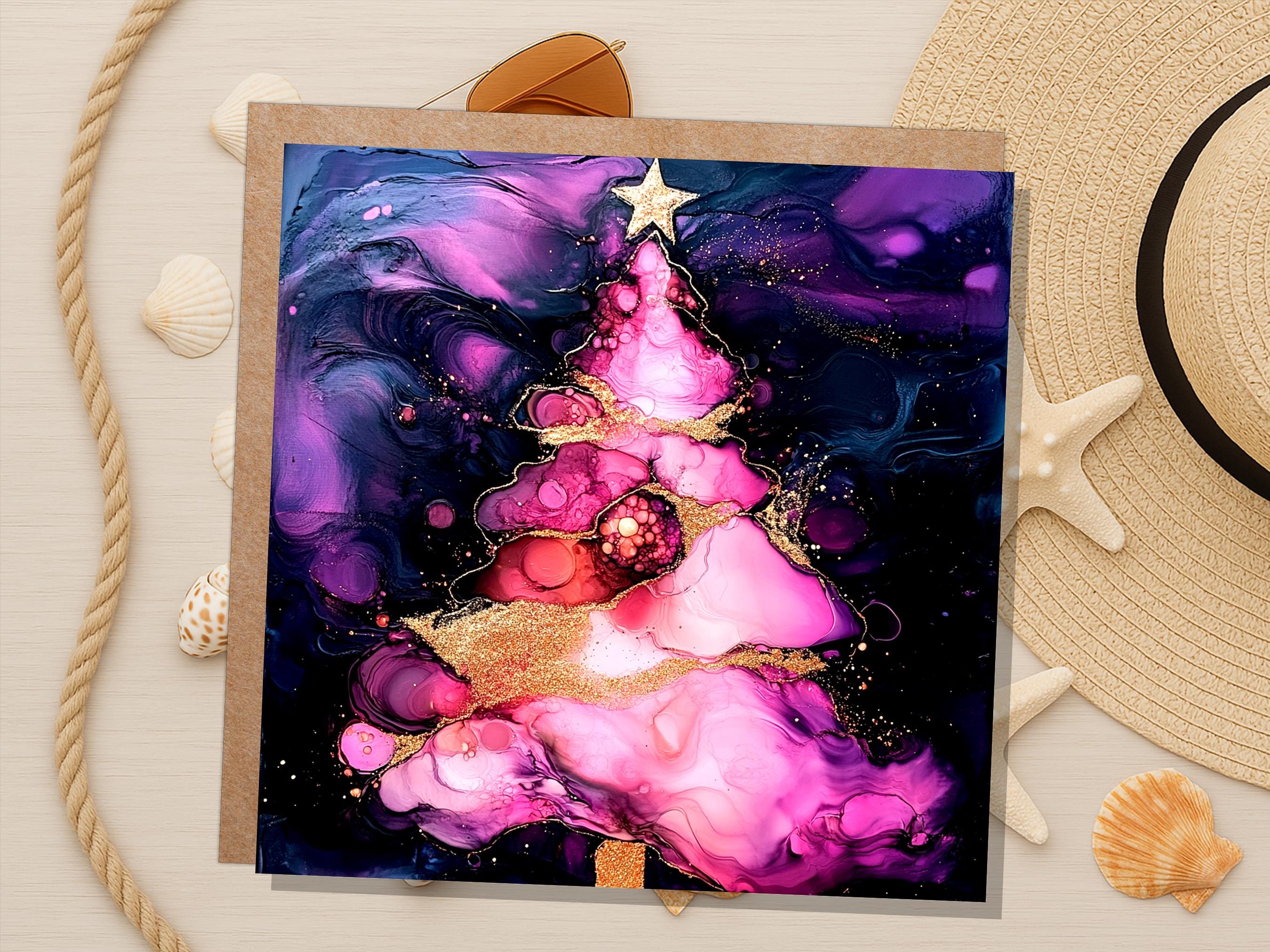 Alcohol Ink Christmas Tree Card Purple Pink Gold Abstract Festive Galaxy Unique Luxury Greetings for Friends & Family 2025 - View 9
