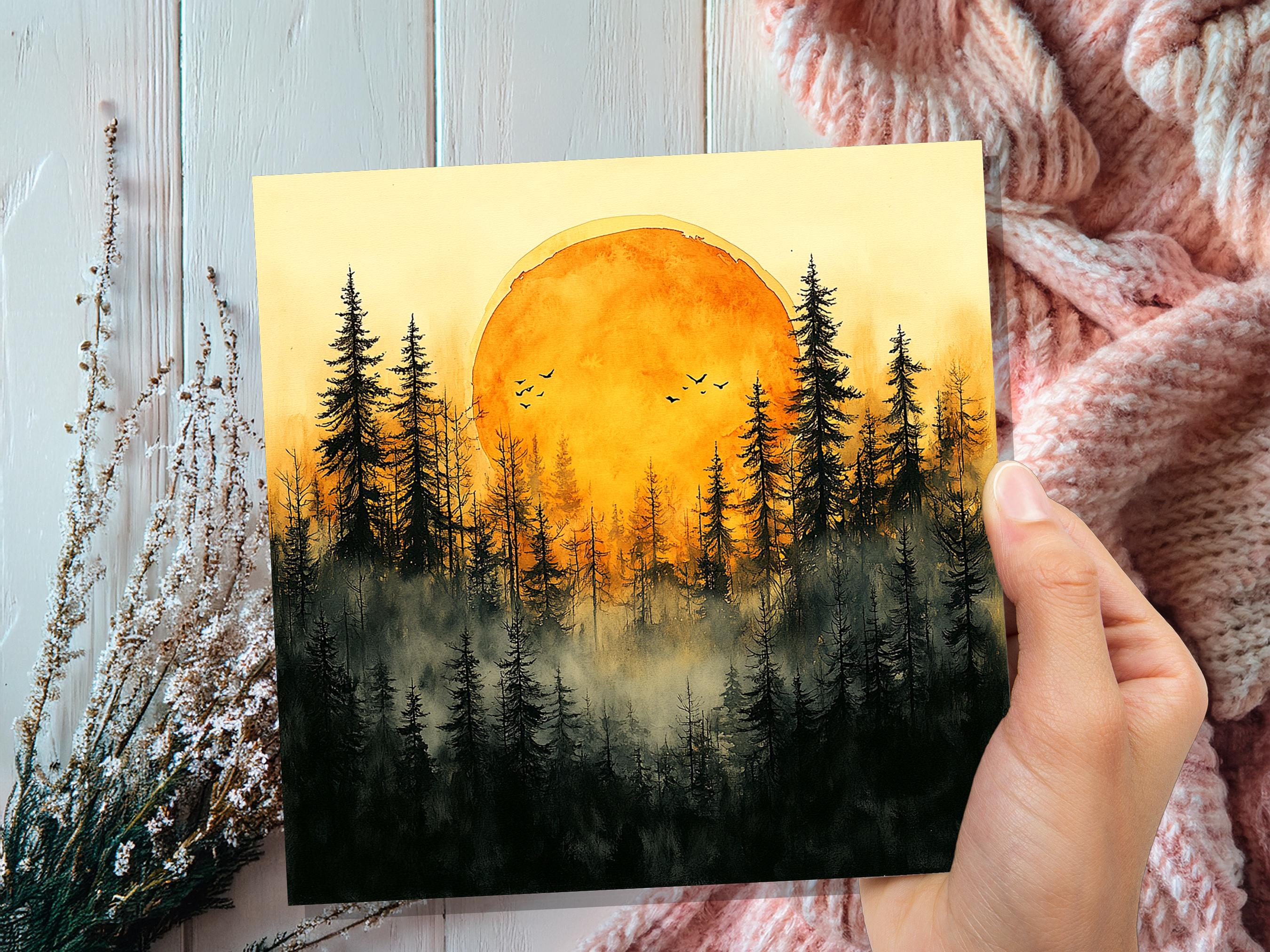 Watercolour Sunset Card Golden Forest Silhouette Landscape Scene Misty Pine Trees Artistic Nature Lover Celestial Wilderness Any Occasion - View 3