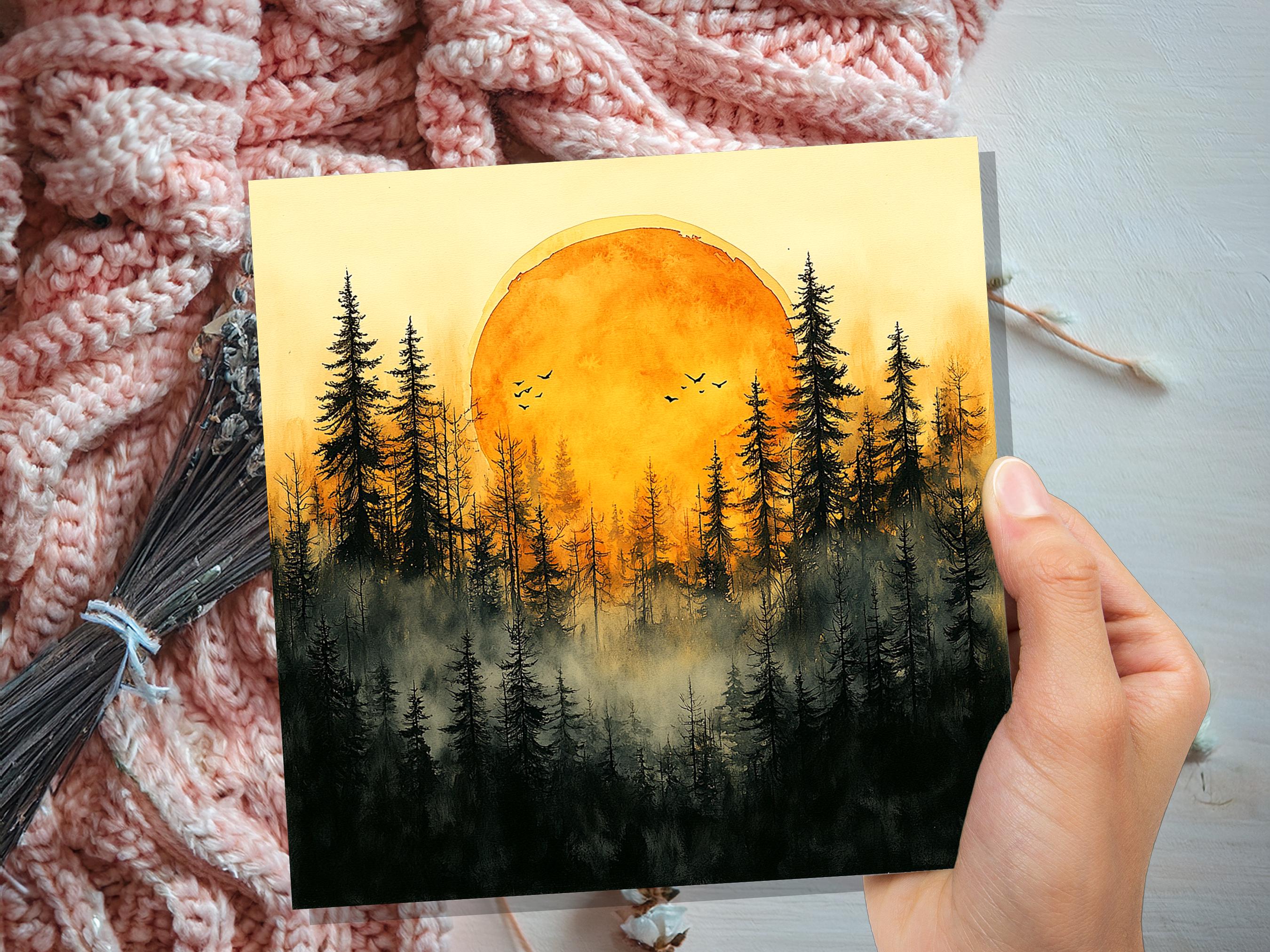 Watercolour Sunset Card Golden Forest Silhouette Landscape Scene Misty Pine Trees Artistic Nature Lover Celestial Wilderness Any Occasion - View 2