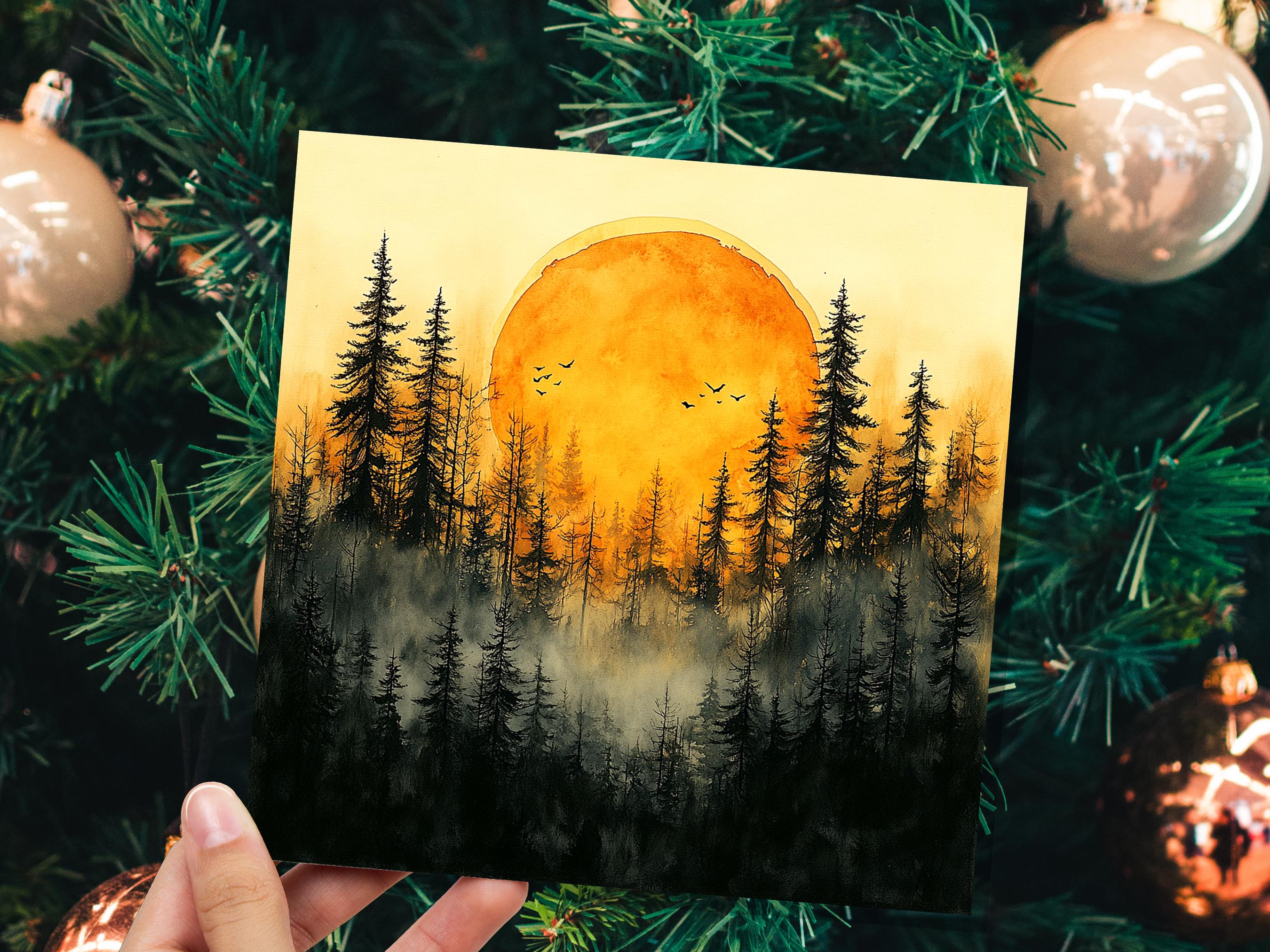 Watercolour Sunset Card Golden Forest Silhouette Landscape Scene Misty Pine Trees Artistic Nature Lover Celestial Wilderness Any Occasion - View 6