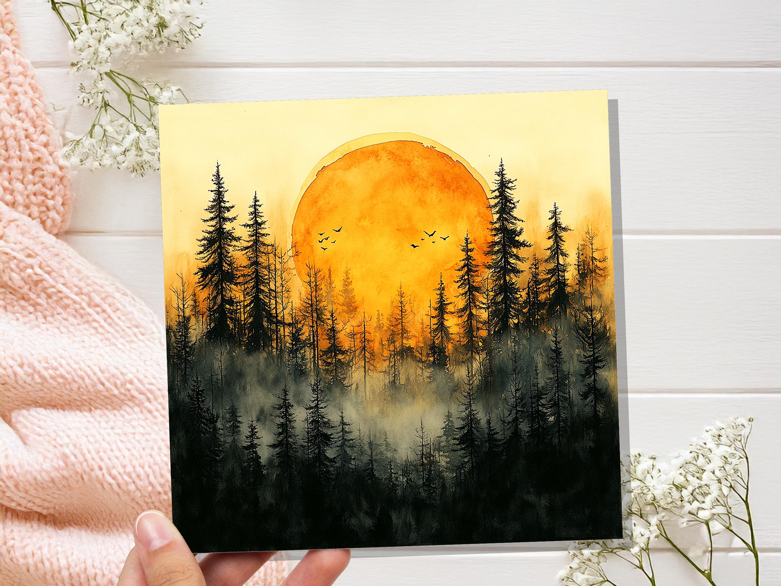 Watercolour Sunset Card Golden Forest Silhouette Landscape Scene Misty Pine Trees Artistic Nature Lover Celestial Wilderness Any Occasion - View 5