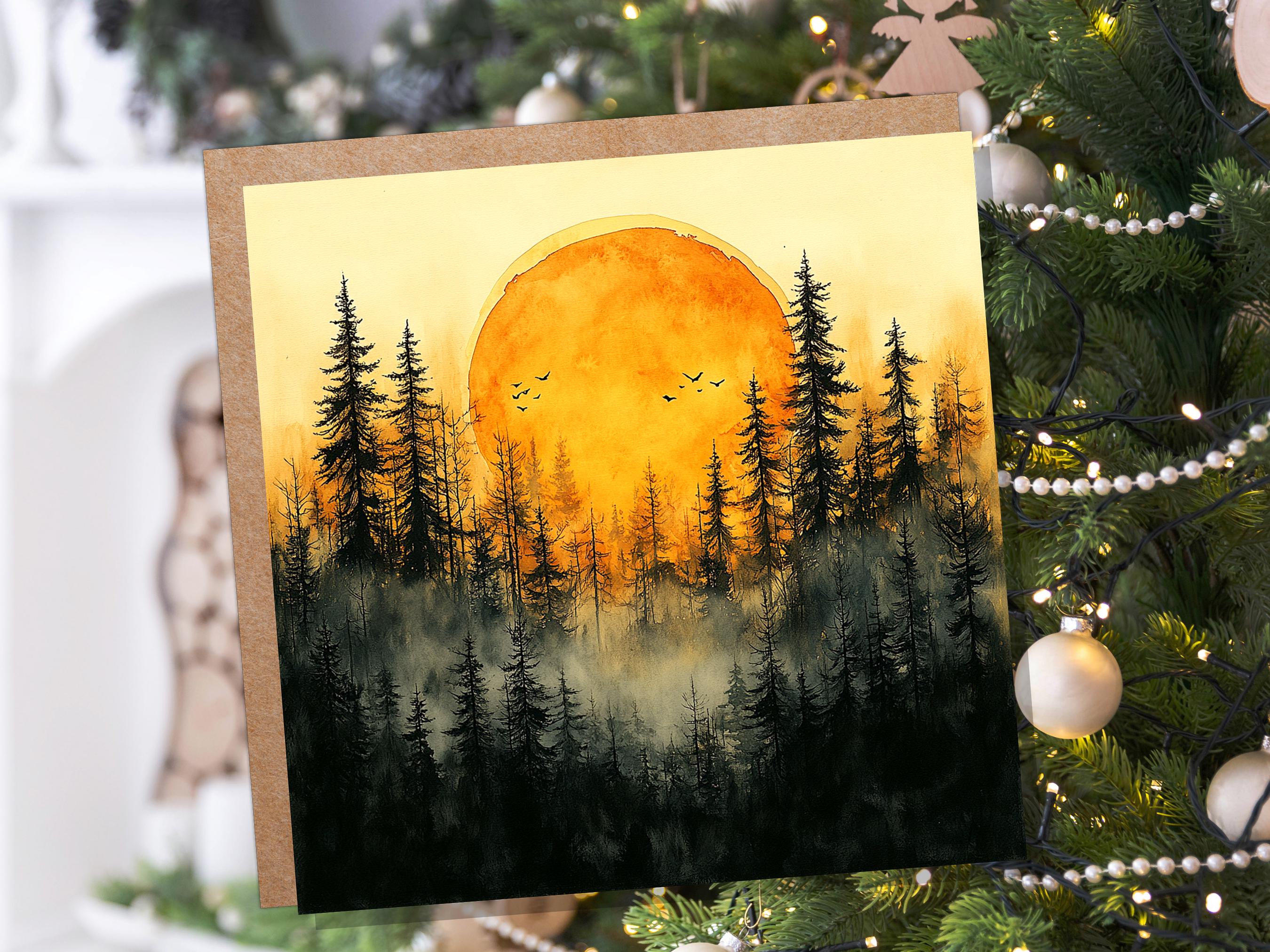 Watercolour Sunset Card Golden Forest Silhouette Landscape Scene Misty Pine Trees Artistic Nature Lover Celestial Wilderness Any Occasion - View 8