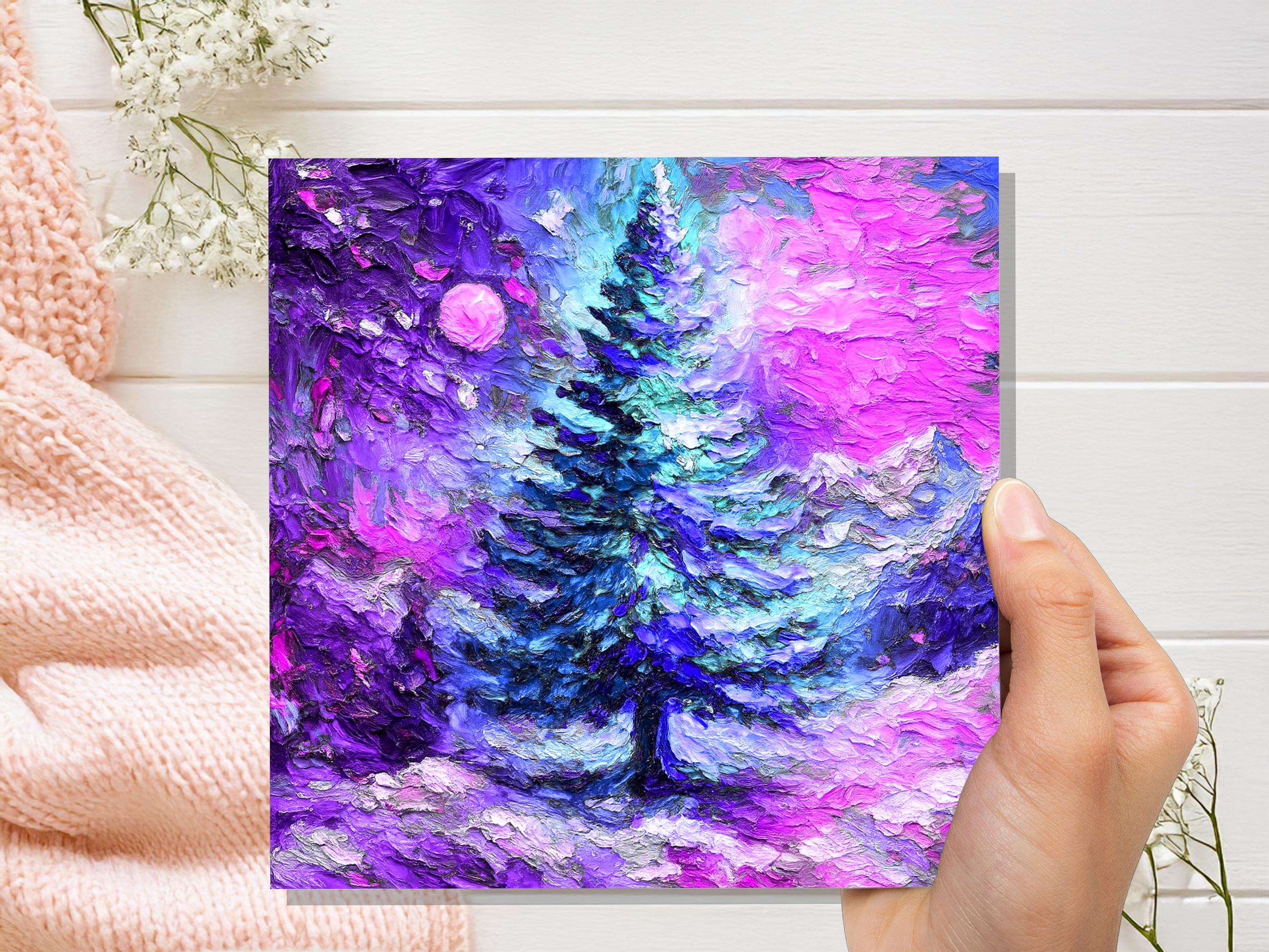 Painterly Christmas Pine Tree Card Vibrant Impressionist Abstract Winter Landscape Textured Chunky Paint  Strokes Mystical Dreamy Magical - View 4