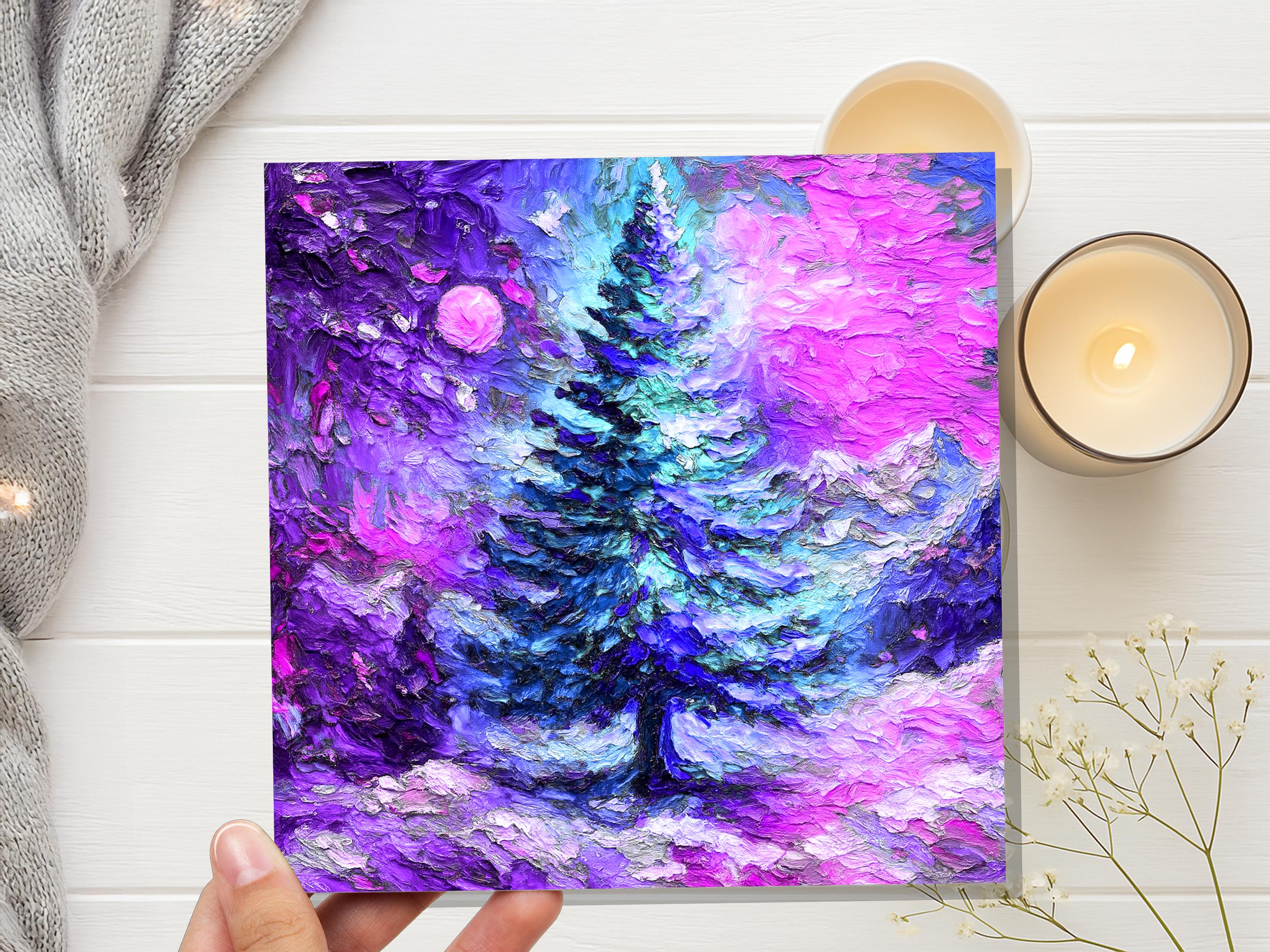 Painterly Christmas Pine Tree Card Vibrant Impressionist Abstract Winter Landscape Textured Chunky Paint  Strokes Mystical Dreamy Magical - View 5