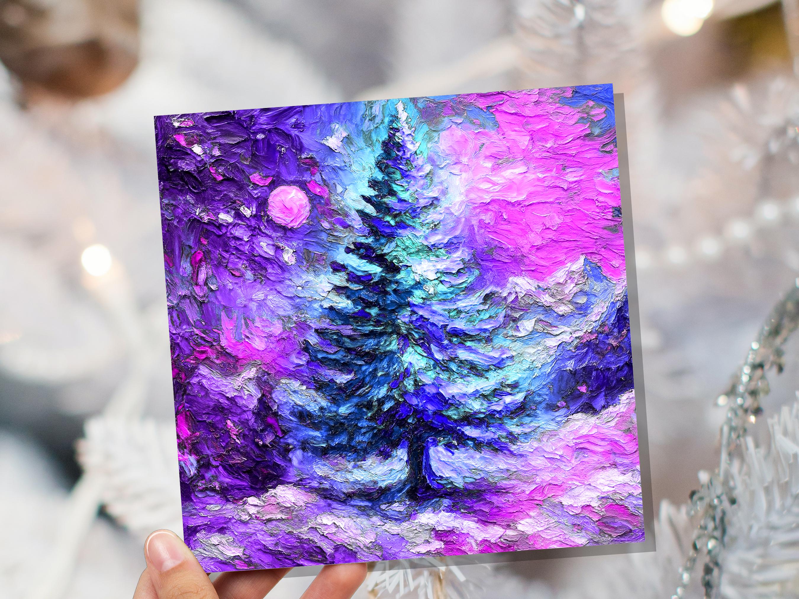 Painterly Christmas Pine Tree Card Vibrant Impressionist Abstract Winter Landscape Textured Chunky Paint  Strokes Mystical Dreamy Magical - View 6