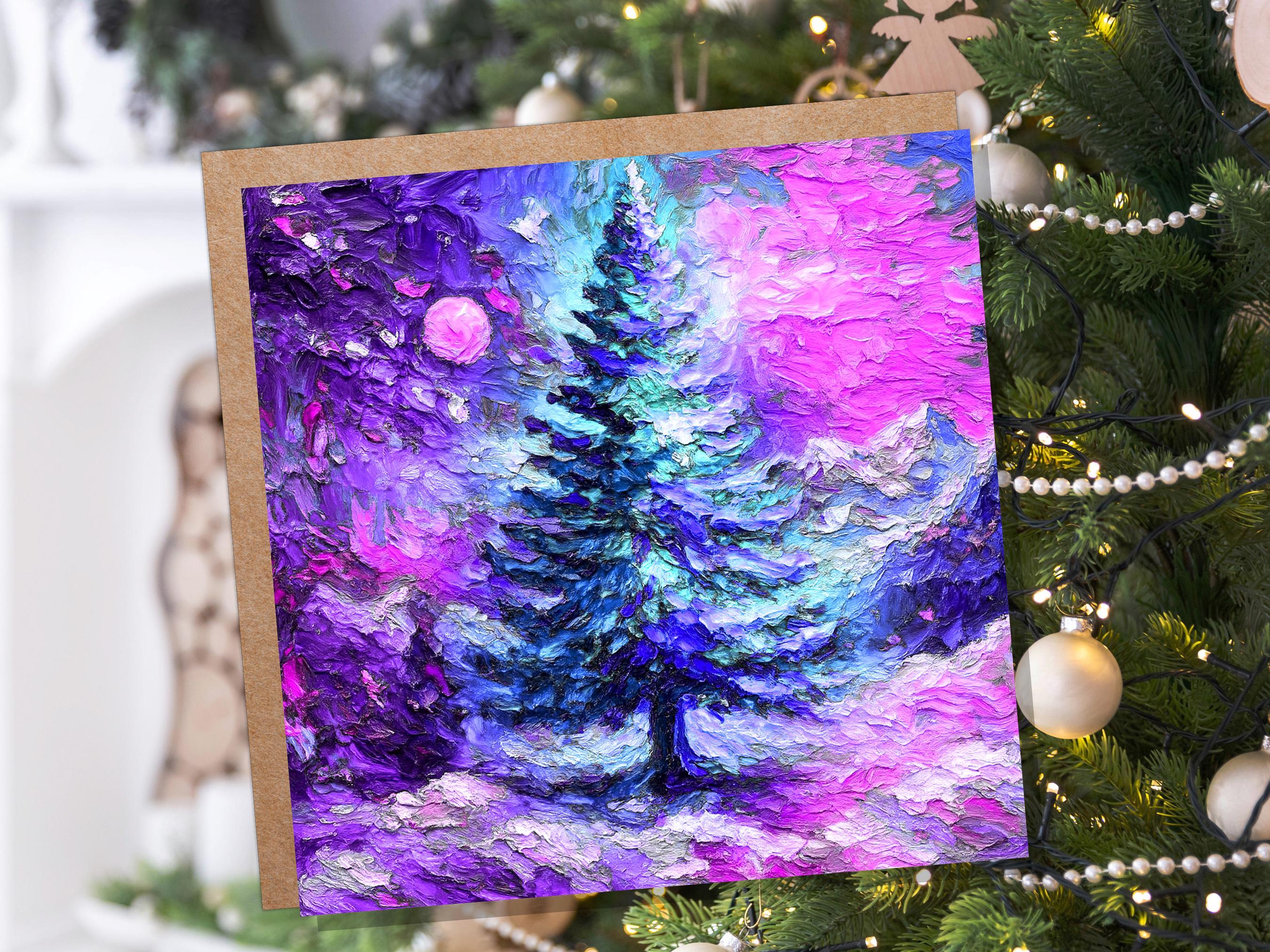 Painterly Christmas Pine Tree Card Vibrant Impressionist Abstract Winter Landscape Textured Chunky Paint  Strokes Mystical Dreamy Magical - View 7