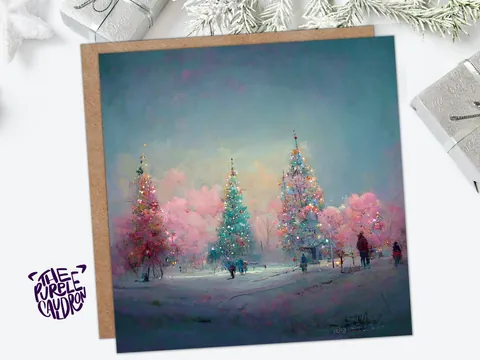 Pastel Christmas Trees Card Whimsical Snow Scene in Shades of Pink & Blue 1, 5, or 10 Pack Impressionist Greetings Family Friends Xmas 2026 - View 5