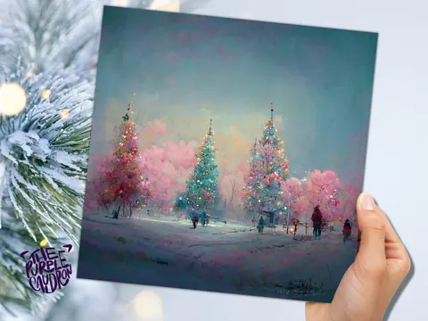 Pastel Christmas Trees Card Whimsical Snow Scene in Shades of Pink & Blue 1, 5, or 10 Pack Impressionist Greetings Family Friends Xmas 2026 - View 3