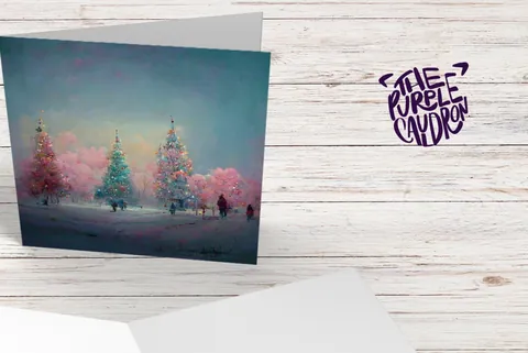Pastel Christmas Trees Card Whimsical Snow Scene in Shades of Pink & Blue 1, 5, or 10 Pack Impressionist Greetings Family Friends Xmas 2026 - View 2