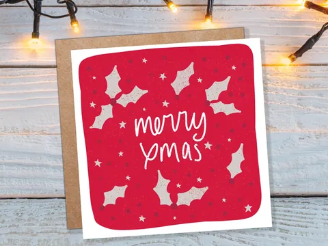 Holly Christmas Card – Red and Grey - View 3
