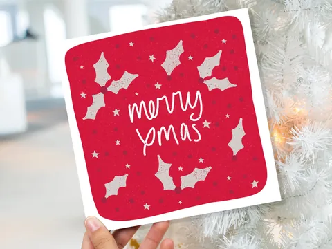 Holly Christmas Card – Red and Grey - View 9