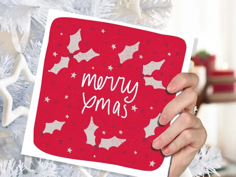 Holly Christmas Card – Red and Grey