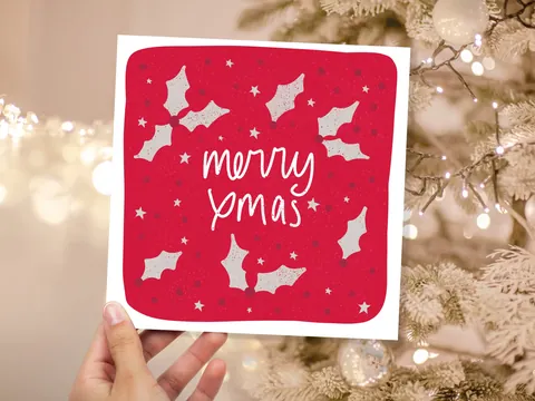 Holly Christmas Card – Red and Grey - View 2