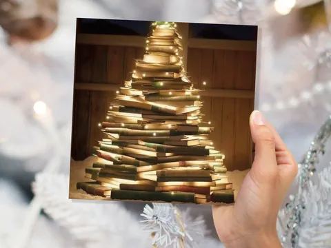 Bookworms Christmas Tree Card for Librarians Book Clubs Library Readers Fairy Lights Stack of Books Greetings For Family Friends Xmas 2026