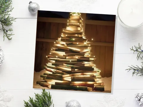 Bookworms Christmas Tree Card for Librarians Book Clubs Library Readers Fairy Lights Stack of Books Greetings For Family Friends Xmas 2026 - View 8