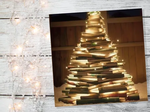 Bookworms Christmas Tree Card for Librarians Book Clubs Library Readers Fairy Lights Stack of Books Greetings For Family Friends Xmas 2026 - View 7