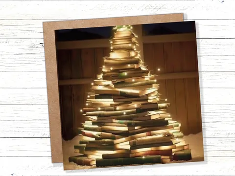 Bookworms Christmas Tree Card for Librarians Book Clubs Library Readers Fairy Lights Stack of Books Greetings For Family Friends Xmas 2026 - View 3
