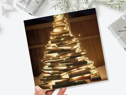 Bookworms Christmas Tree Card for Librarians Book Clubs Library Readers Fairy Lights Stack of Books Greetings For Family Friends Xmas 2026 - View 10