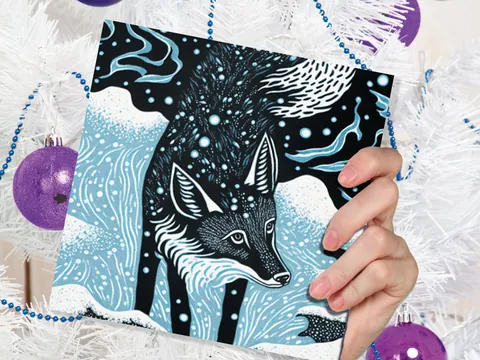 Linocut Fox Card Winter Snowy Woodland Illustration Blue White Black Landscape Snow Scene Greetings For Family Friends Xmas 2026 Thank You - View 6