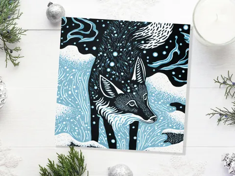 Linocut Fox Card Winter Snowy Woodland Illustration Blue White Black Landscape Snow Scene Greetings For Family Friends Xmas 2026 Thank You - View 9