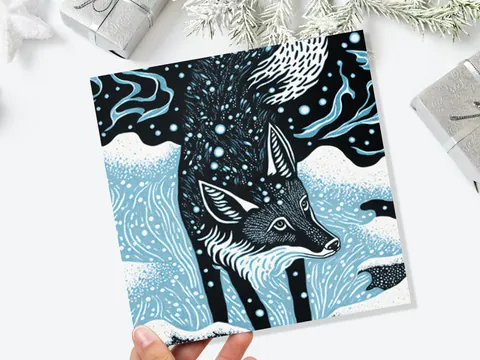 Linocut Fox Card Winter Snowy Woodland Illustration Blue White Black Landscape Snow Scene Greetings For Family Friends Xmas 2026 Thank You - View 2