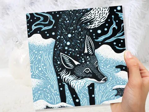 Linocut Fox Card Winter Snowy Woodland Illustration Blue White Black Landscape Snow Scene Greetings For Family Friends Xmas 2026 Thank You - View 7
