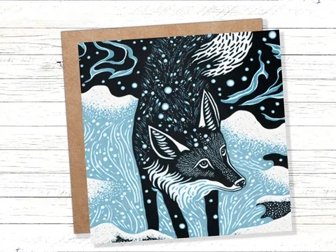 Linocut Fox Card Winter Snowy Woodland Illustration Blue White Black Landscape Snow Scene Greetings For Family Friends Xmas 2026 Thank You - View 4