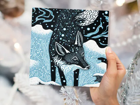 Linocut Fox Card Winter Snowy Woodland Illustration Blue White Black Landscape Snow Scene Greetings For Family Friends Xmas 2026 Thank You - View 5