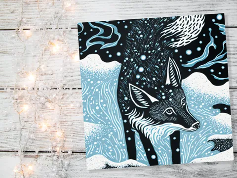Linocut Fox Card Winter Snowy Woodland Illustration Blue White Black Landscape Snow Scene Greetings For Family Friends Xmas 2026 Thank You