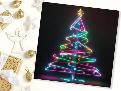 Neon Christmas Tree Card Glowing Lights Tube Lighting Y2K Bright Colours Colourful Rainbow Unique Modern Cards For Family Friends Xmas 2026 - View 7