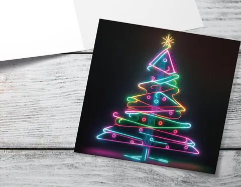 Neon Christmas Tree Card Glowing Lights Tube Lighting Y2K Bright Colours Colourful Rainbow Unique Modern Cards For Family Friends Xmas 2026 - View 3