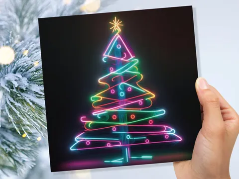Neon Christmas Tree Card Glowing Lights Tube Lighting Y2K Bright Colours Colourful Rainbow Unique Modern Cards For Family Friends Xmas 2026 - View 4