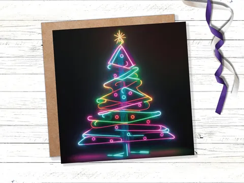 Neon Christmas Tree Card Glowing Lights Tube Lighting Y2K Bright Colours Colourful Rainbow Unique Modern Cards For Family Friends Xmas 2026