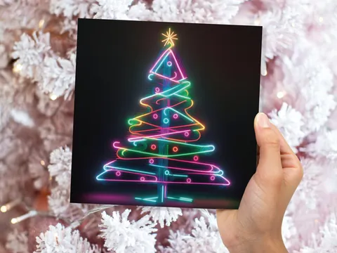 Neon Christmas Tree Card Glowing Lights Tube Lighting Y2K Bright Colours Colourful Rainbow Unique Modern Cards For Family Friends Xmas 2026 - View 5