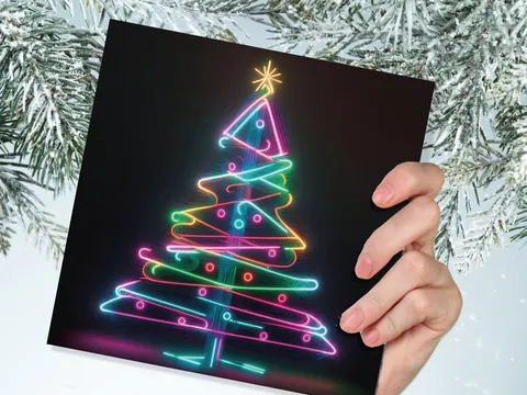 Neon Christmas Tree Card Glowing Lights Tube Lighting Y2K Bright Colours Colourful Rainbow Unique Modern Cards For Family Friends Xmas 2026 - View 8
