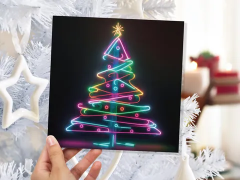 Neon Christmas Tree Card Glowing Lights Tube Lighting Y2K Bright Colours Colourful Rainbow Unique Modern Cards For Family Friends Xmas 2026 - View 2
