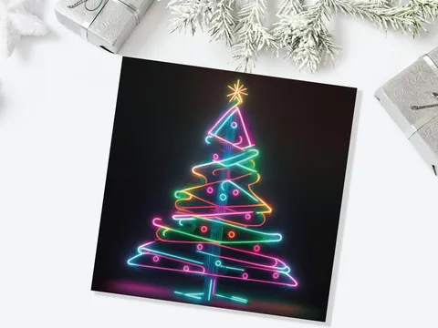 Neon Christmas Tree Card Glowing Lights Tube Lighting Y2K Bright Colours Colourful Rainbow Unique Modern Cards For Family Friends Xmas 2026 - View 6