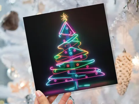 Neon Christmas Tree Card Glowing Lights Tube Lighting Y2K Bright Colours Colourful Rainbow Unique Modern Cards For Family Friends Xmas 2026 - View 10