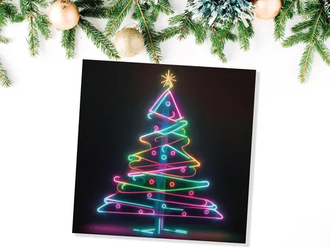 Neon Christmas Tree Card Glowing Lights Tube Lighting Y2K Bright Colours Colourful Rainbow Unique Modern Cards For Family Friends Xmas 2026 - View 9