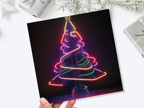 Neon Christmas Card Tree 80s Glowing Lights Tube Lighting Y2K Bright Colours Colourful Unusual Fun Modern Cards For Family Friends Xmas 2026 - View 9