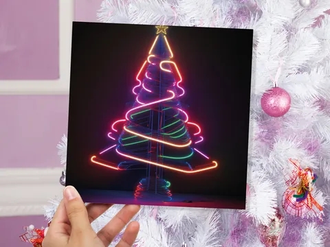 Neon Christmas Card Tree 80s Glowing Lights Tube Lighting Y2K Bright Colours Colourful Unusual Fun Modern Cards For Family Friends Xmas 2026 - View 2
