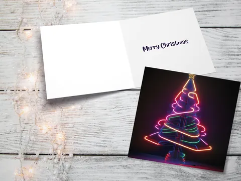 Neon Christmas Card Tree 80s Glowing Lights Tube Lighting Y2K Bright Colours Colourful Unusual Fun Modern Cards For Family Friends Xmas 2026 - View 10
