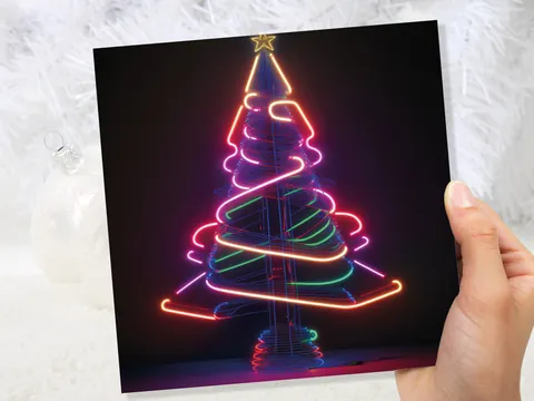Neon Christmas Card Tree 80s Glowing Lights Tube Lighting Y2K Bright Colours Colourful Unusual Fun Modern Cards For Family Friends Xmas 2026 - View 8