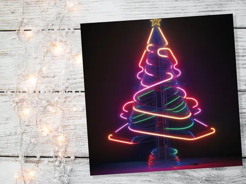 Neon Christmas Card Tree 80s Glowing Lights Tube Lighting Y2K Bright Colours Colourful Unusual Fun Modern Cards For Family Friends Xmas 2026 - View 6