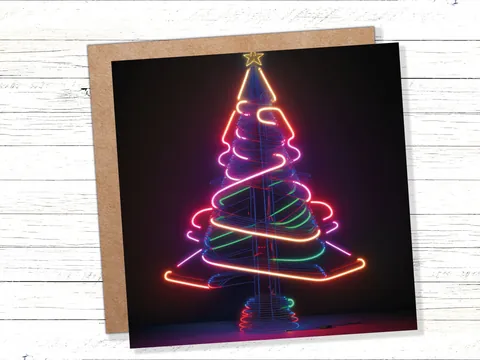 Neon Christmas Card Tree 80s Glowing Lights Tube Lighting Y2K Bright Colours Colourful Unusual Fun Modern Cards For Family Friends Xmas 2026